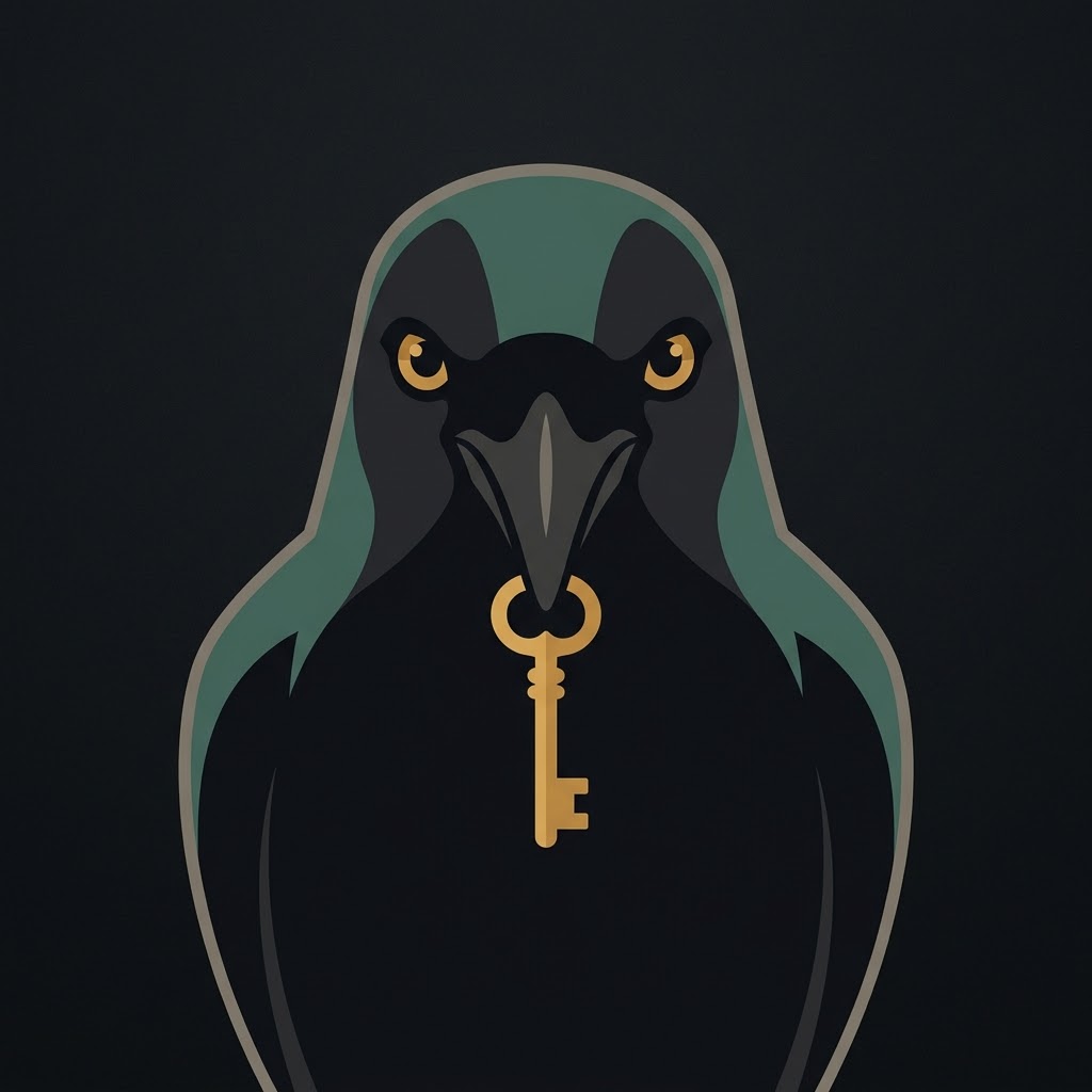 Stylized illustration of a dark raven holding a small gold key, Spap's research mark